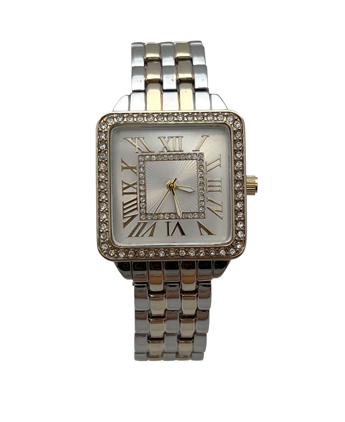 Two Tone Small Square and Rhinestones Metal Band Women Watch - Open Miscellaneous