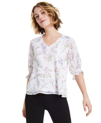 CeCe - Women's Floral-Print 3/4-Sleeve Ruffled V-Neck Blouse