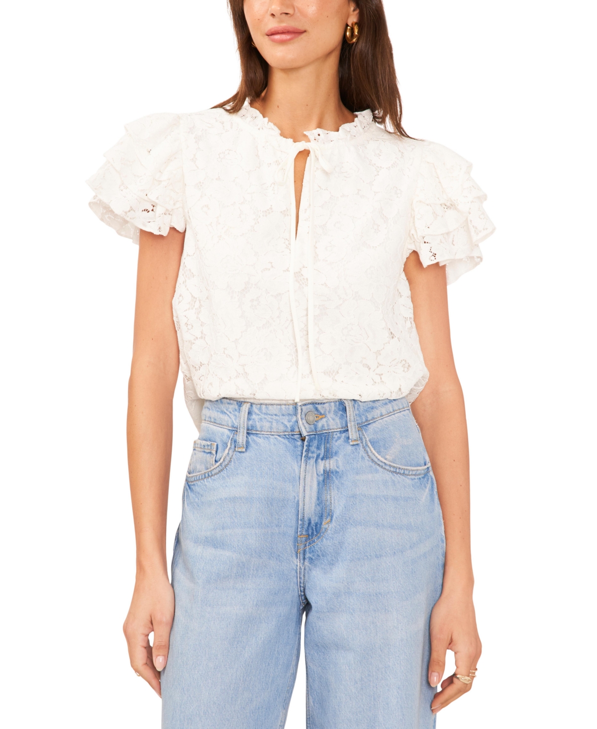 Shop 1.state Women's Lace Tie Neck Short Flutter-sleeve Blouse In New Ivory