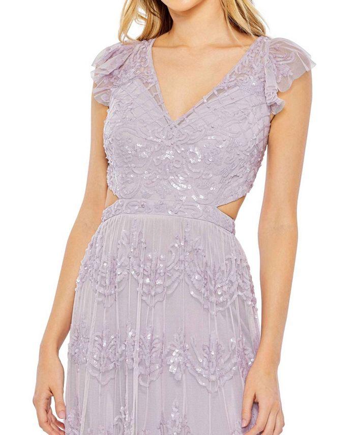 Mac Duggal Women's Sequined Ruffled Cap Sleeve Cut Out Tiered Gown - Macy's