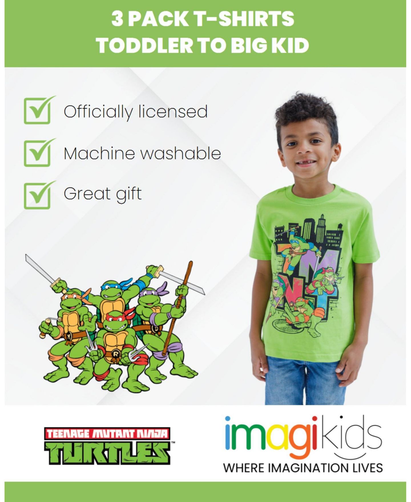 Футболки Teenage Mutant Ninja Turtles Leonardo Michelangelo Donatello Raphael 3 Pack для мальчиков-малышей, цвет: Белый серый зелёный — фото 3