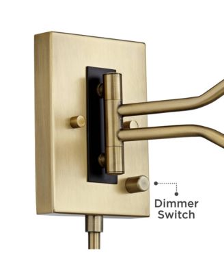 Eleganta Swing Arm Wall Lamp with Cord Cover Brushed Satin Brass Plug-in Light Fixture White Linen Empire Shade for Bedroom Living Room