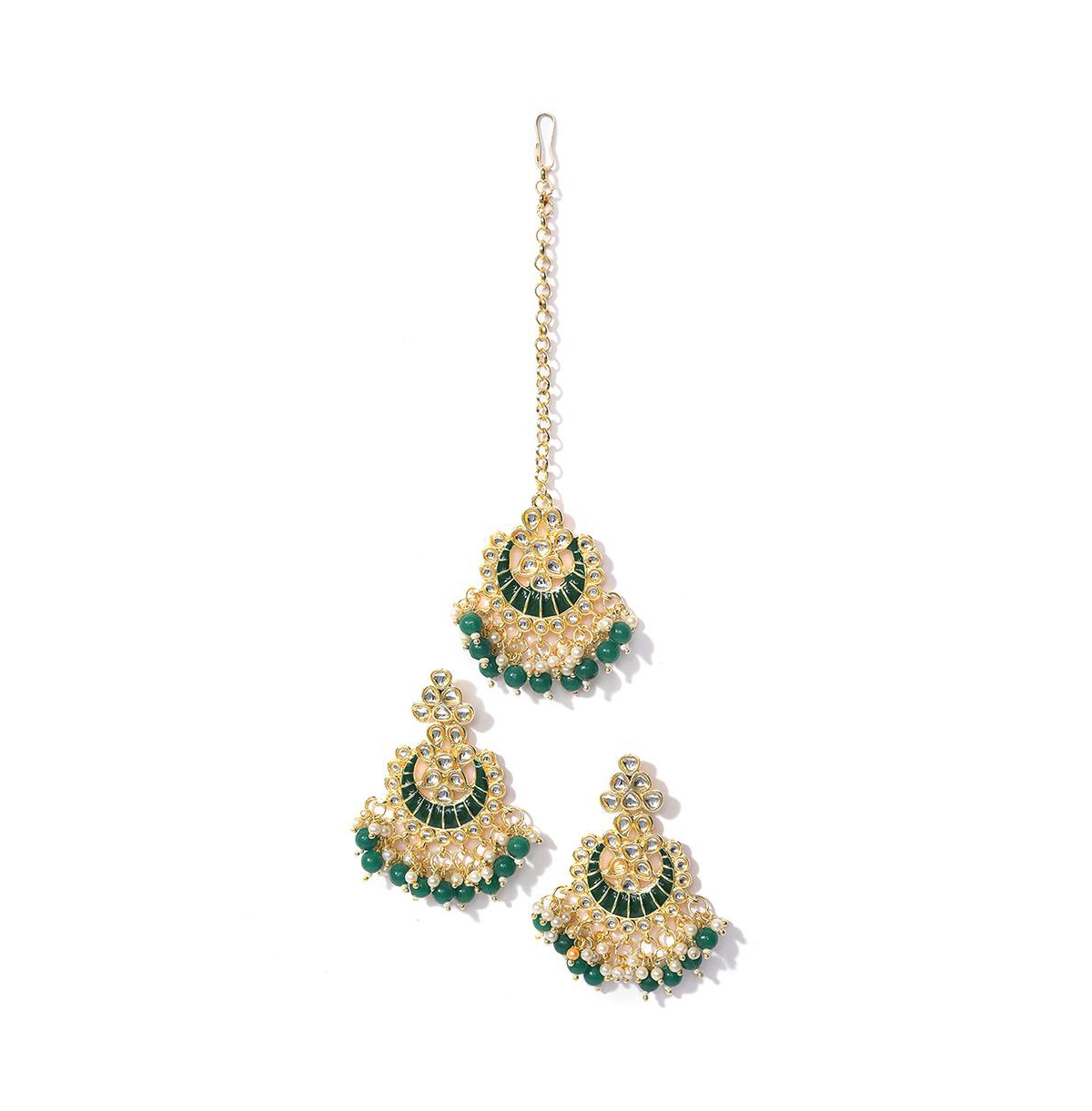 Women's Green Stone Drop Earrings & Maangtikka Set - Green