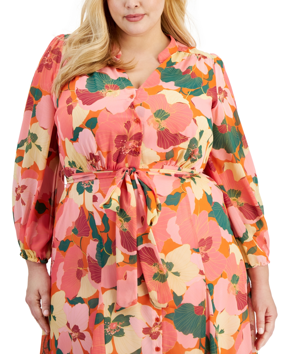 Shop Taylor Plus Size Printed Long-sleeve Tie-waist Maxi Shirtdress In Mauvelous Pink