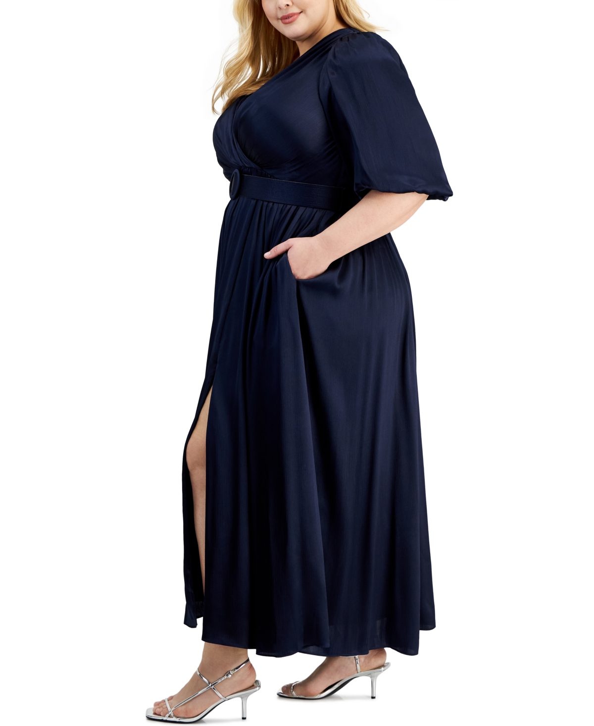 Shop Taylor Plus Size Surplice-neck Belted Satin Maxi Dress In Navy