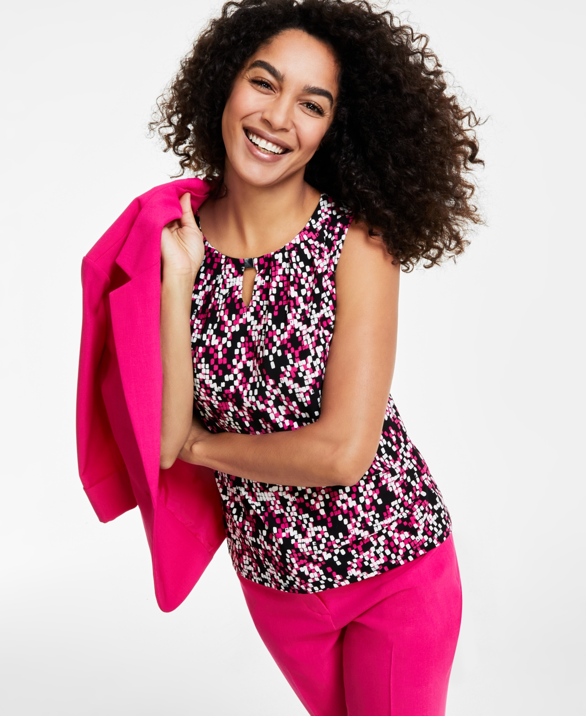 Shop Kasper Women's Pleated Keyhole-neck Sleeveless Top In Black,pink Perfection Mlt