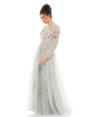Women's Embroidered Illusion High Neck Long Sleeve A Line Gown - Macy's