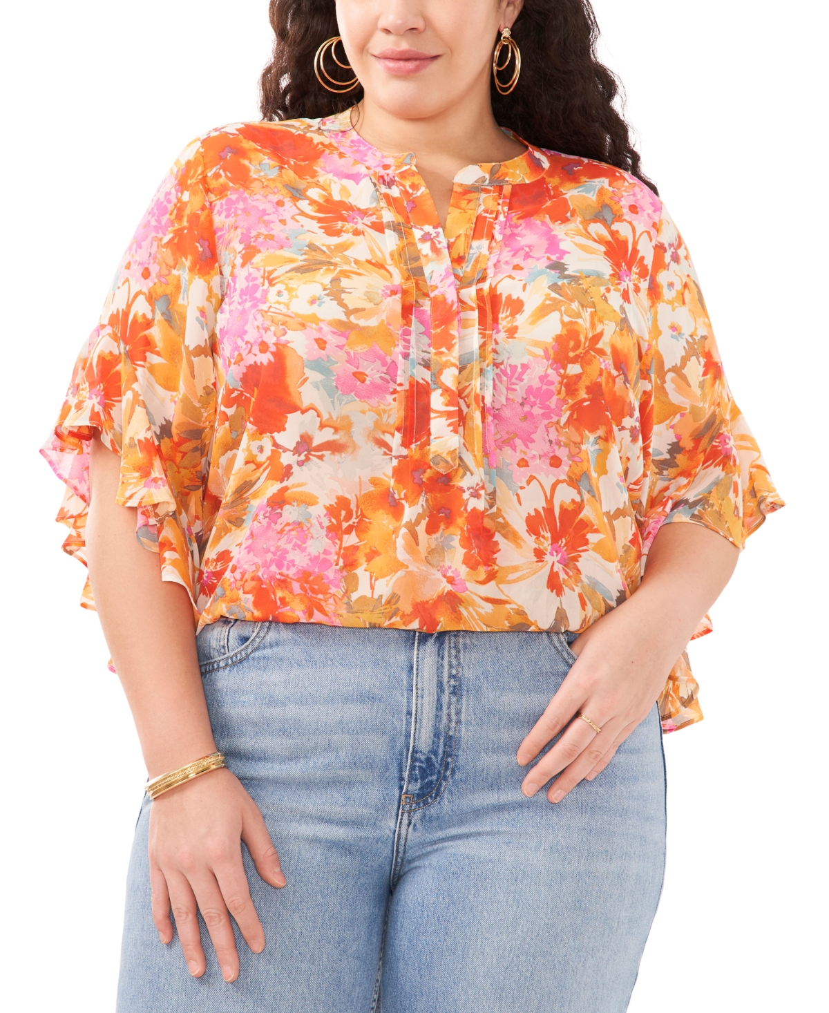 Vince Camuto Plus Size Pintucked Floral Print Flutter Sleeve Top In Tulip Red