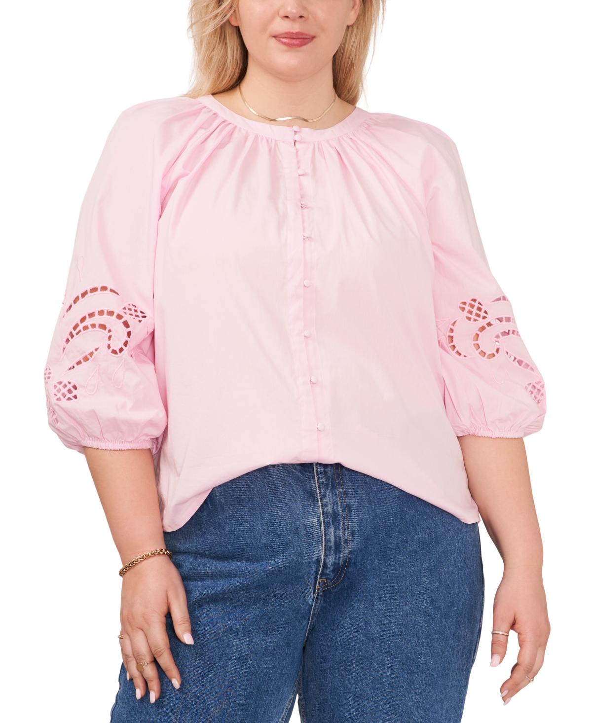 Vince Camuto Plus Size Cotton Embroidered-puff-sleeve Top In Pink Horizon