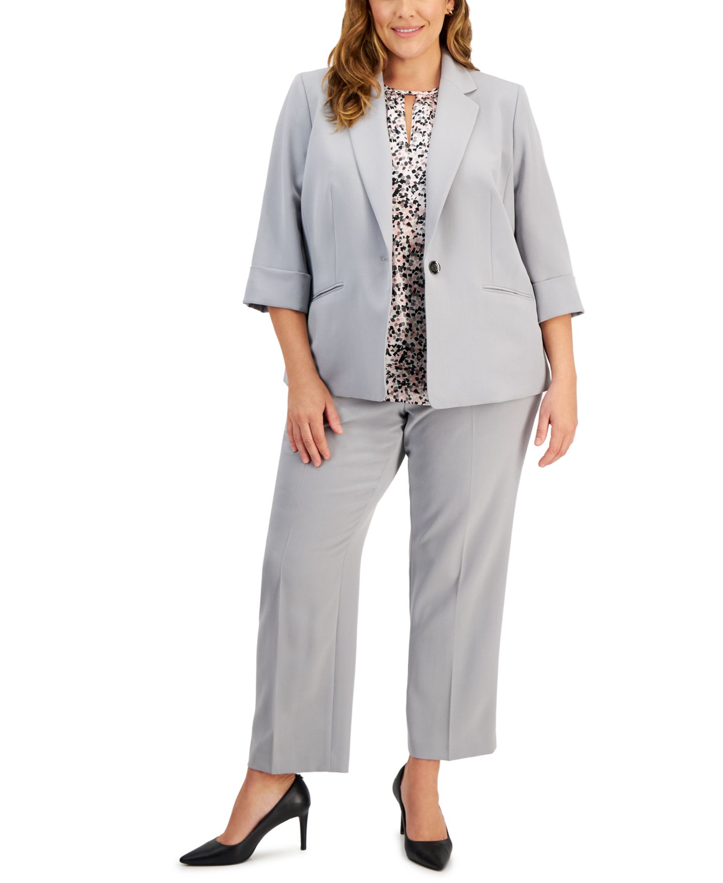 Женские комплекты Kasper Plus Size One-Button Jacket, Printed Keyhole Blouse & Pants, цвет: Чёрный — фото 1