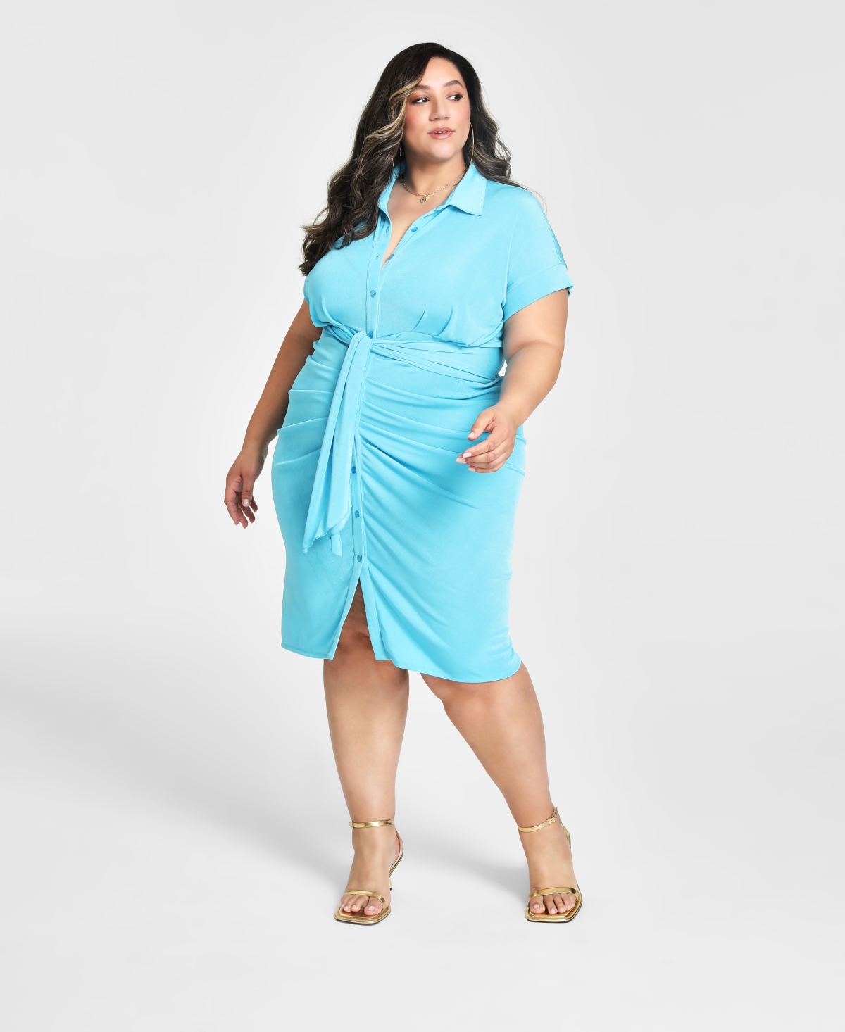 Trendy Plus Size Tie-Front Ruched Shirtdress - Turq Pool