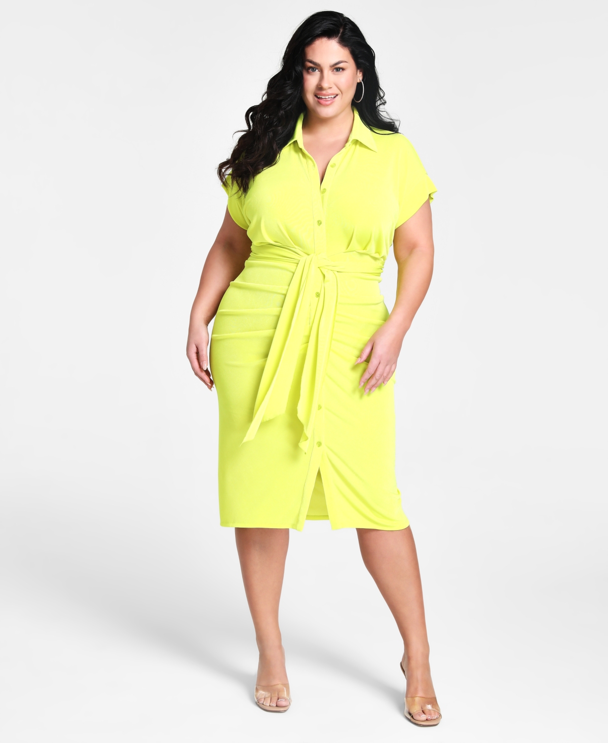 Nina Parker Trendy Plus Size Tie-front Ruched Shirtdress In Lime