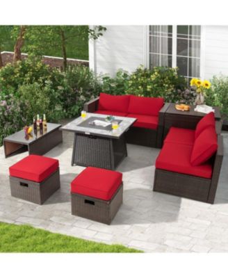9 Pieces Patio PE Wicker Sectional Set with 50000 BTU Fire Pit Table