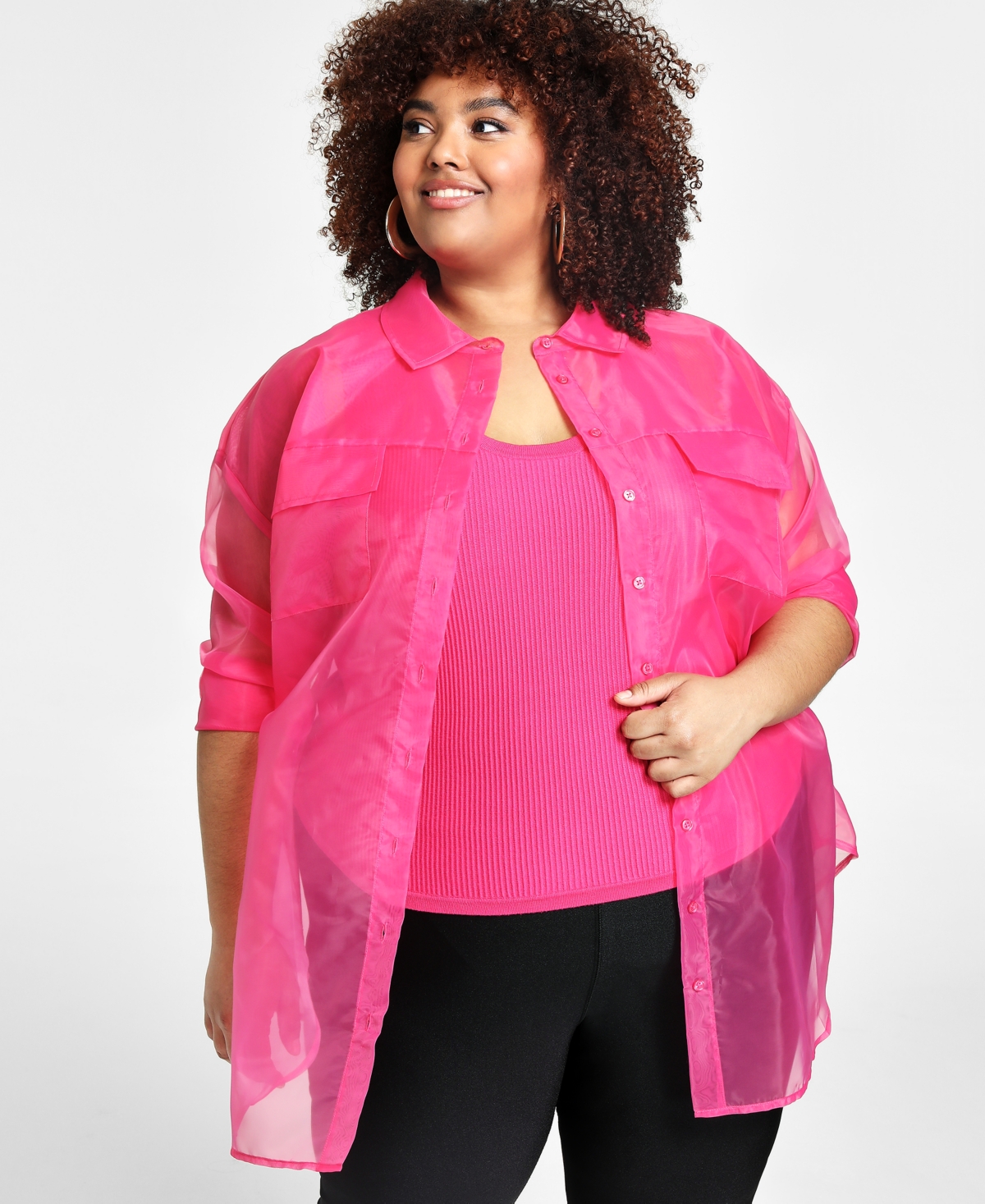 Nina Parker Trendy Plus Size Organza Oversized Shirt, Created For Macy's In Pink Yarrow