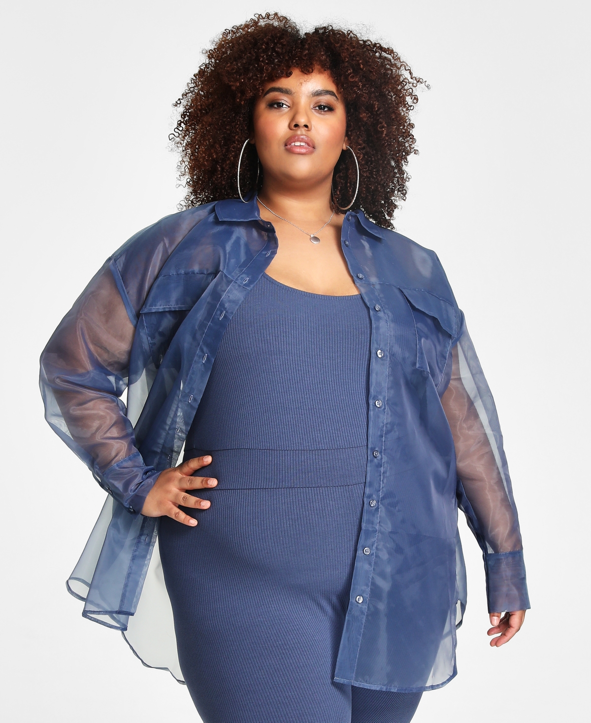 Shop Nina Parker Trendy Plus Size Organza Oversized Shirt, Created For Macy's In Vintage Indigo