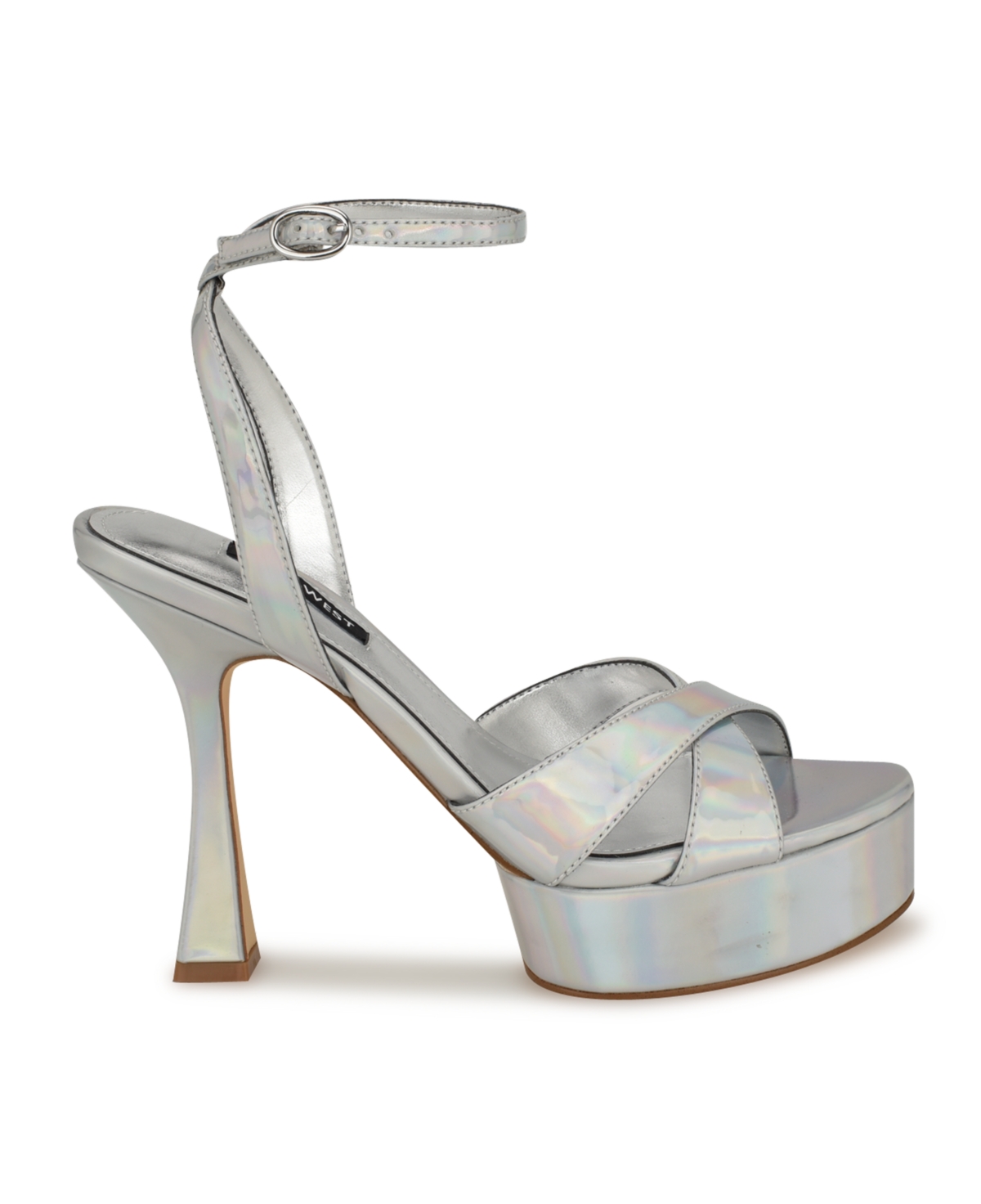 Nine West Women's Jessie Round Toe Tapered Heel Dress Sandals - Silver Iridescent Mirror Metallic- Manma