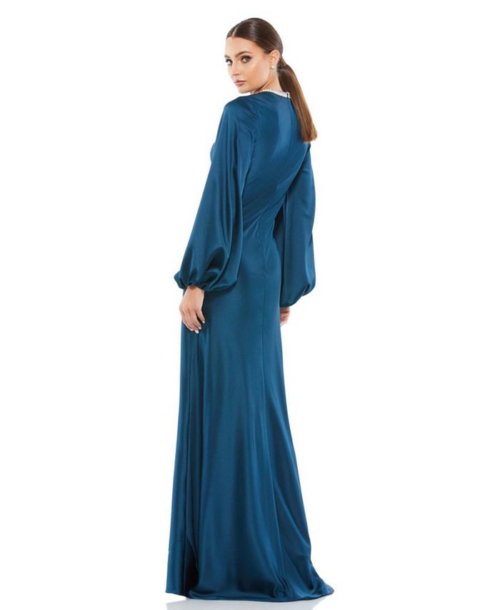 Mac Duggal Women's Ieena Satin Long Blouson Sleeve Evening Gown - Macy's