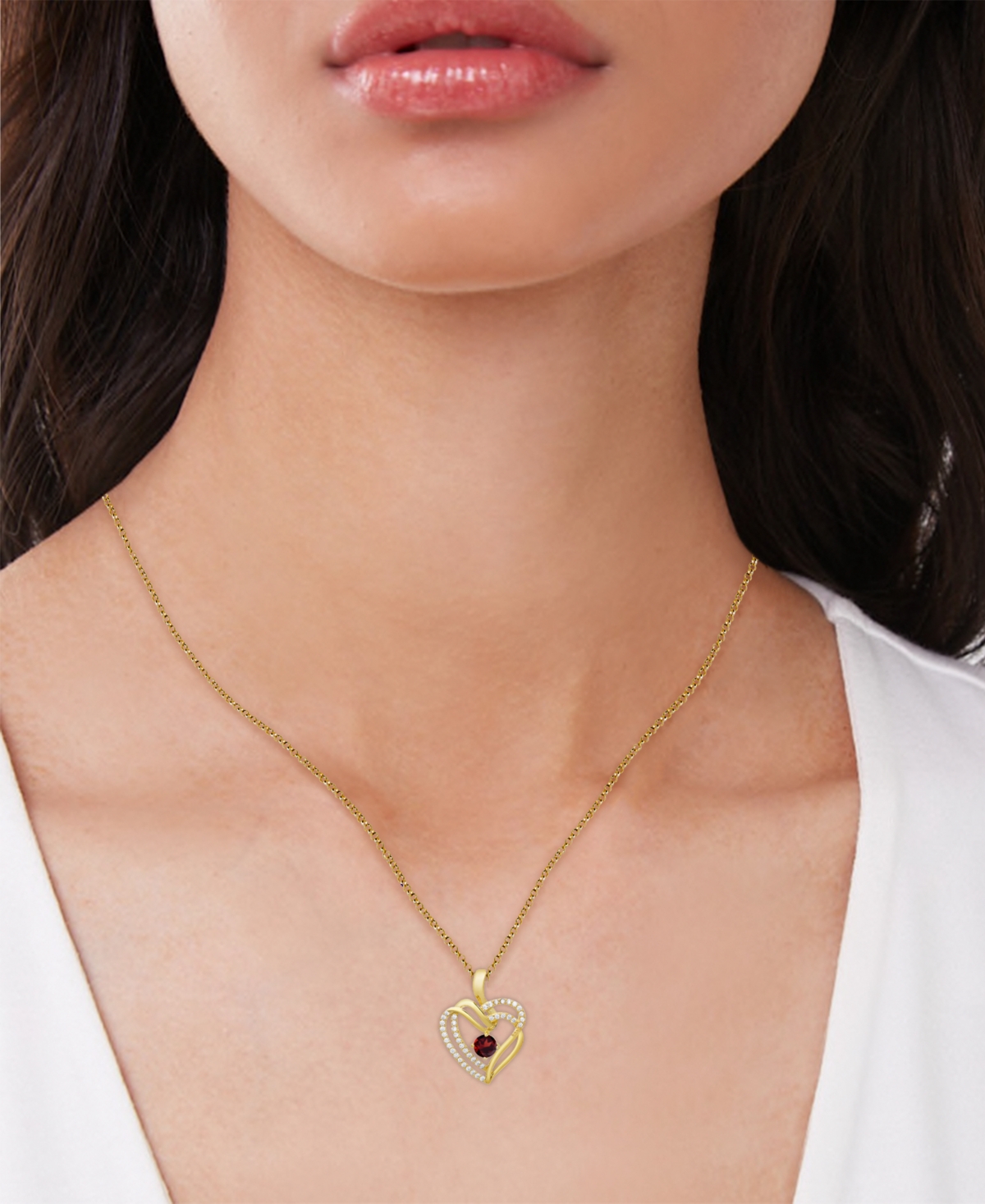 (5/8 ct. t.w.) & Lab-Grown White Sapphire (3/8 ct. t.w.) Double Heart Pendant Necklace in 14k Gold-Plated Sterling Silver - Garnet