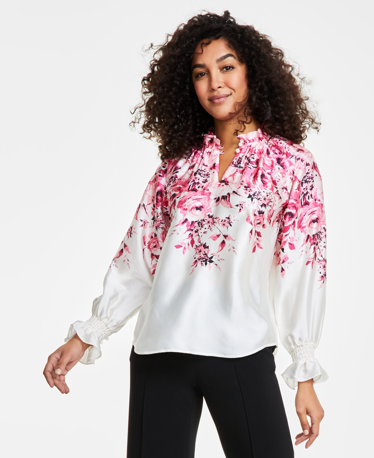 Anne Klein Petite Printed Ruffle-neck Long-sleeve Satin Top In Anne White,camella Multi