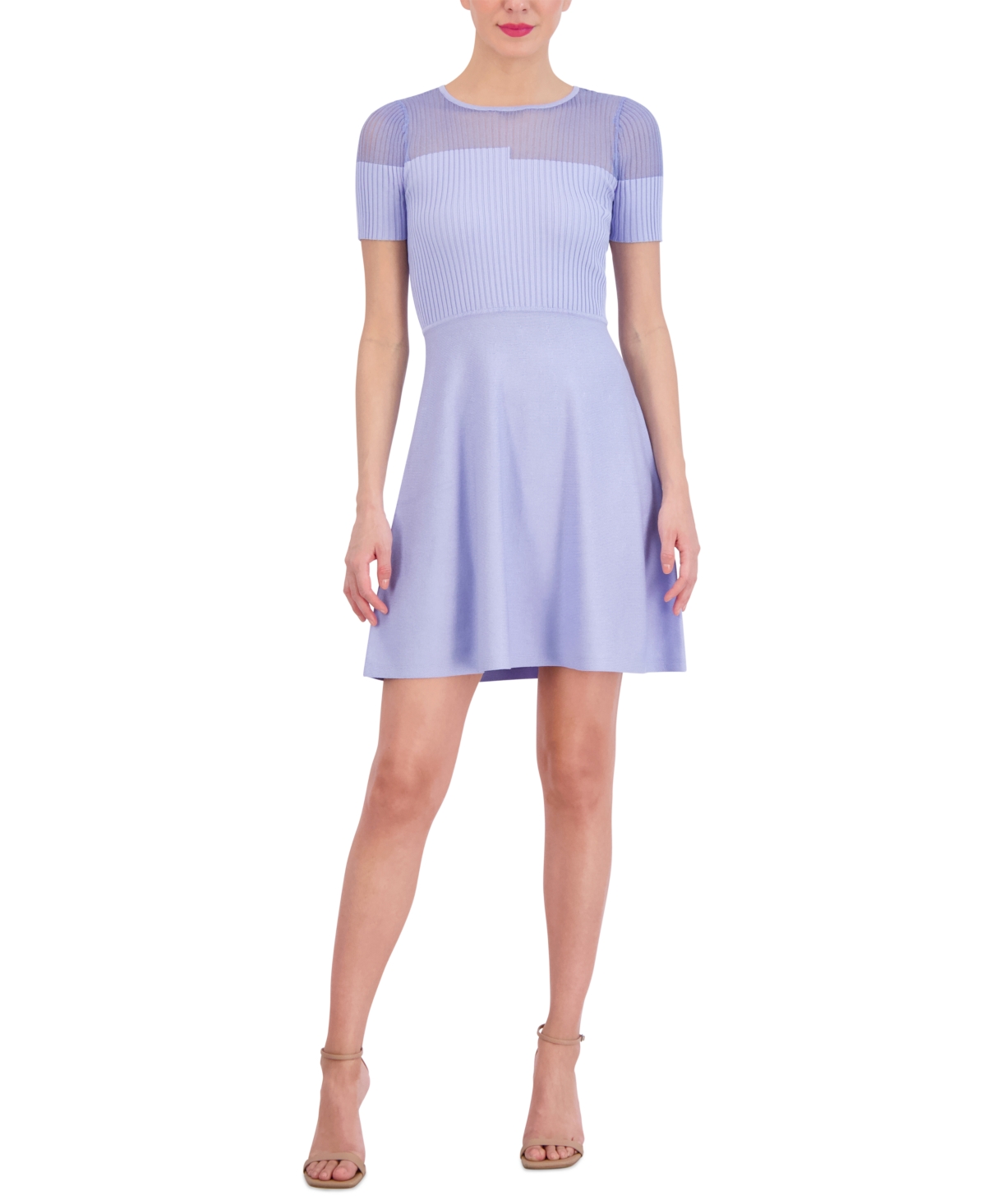 Vince Camuto Women's Jewel-neck Ribbed Fit & Flare Dress In Blue