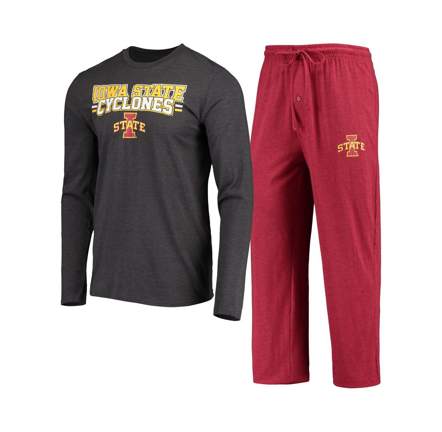Men's Cardinal, Heathered Charcoal Distressed Iowa State Cyclones Meter Long Sleeve T-shirt and Pants Sleep Set