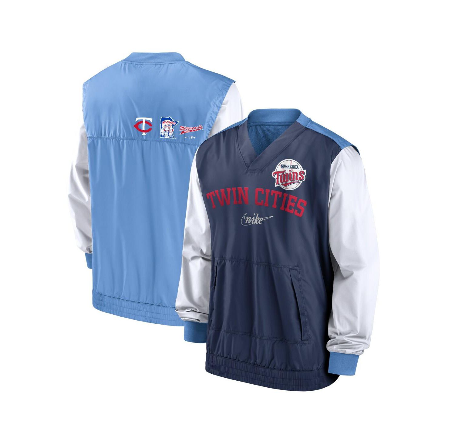 Men's White, Light Blue Minnesota Twins Rewind Warmup V-Neck Pullover Jacket