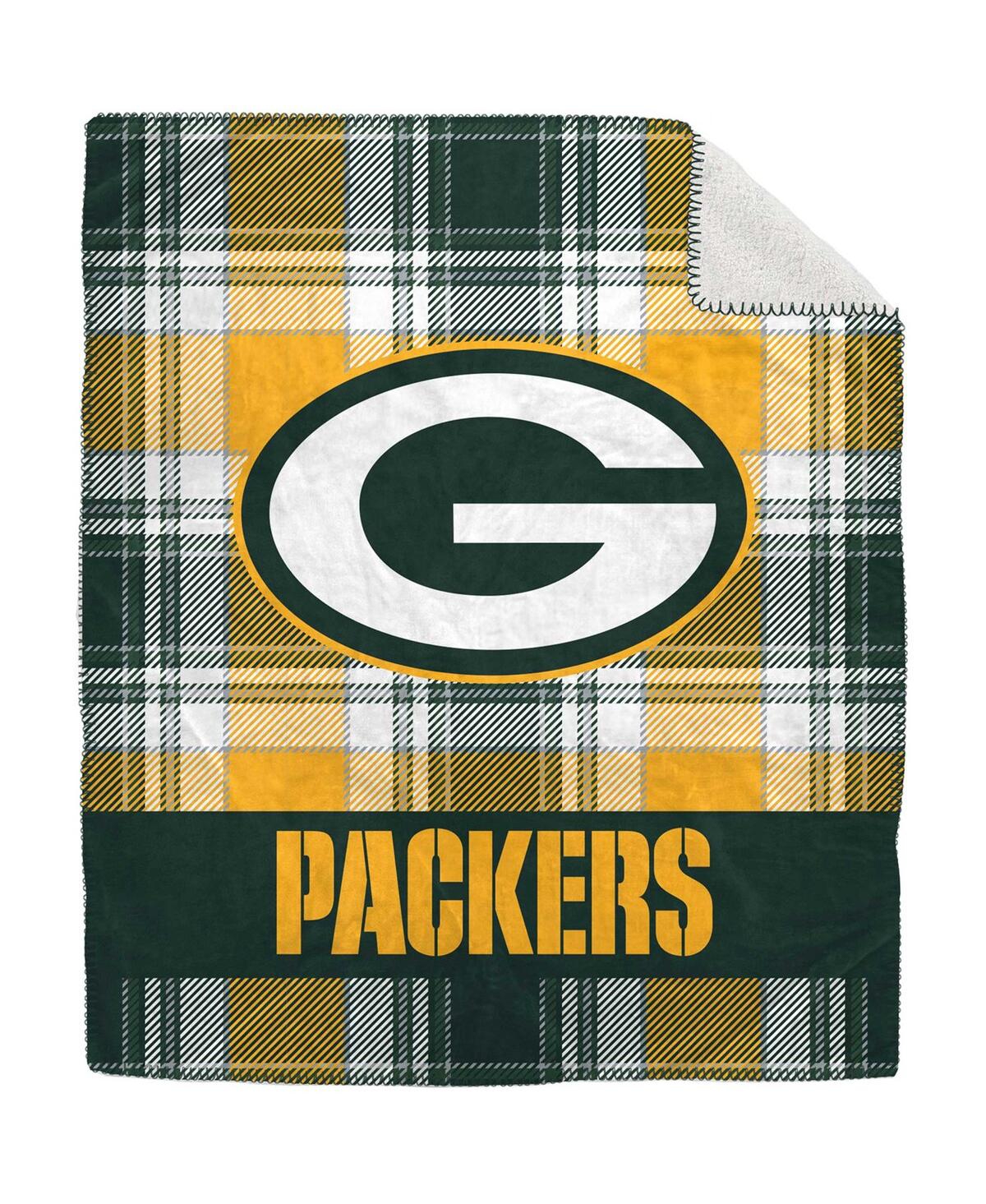 Pegasus Home Fashions Green Bay Packers 50" X 60" Plaid Flannel Sherpa Plush Blanket In Yellow,green