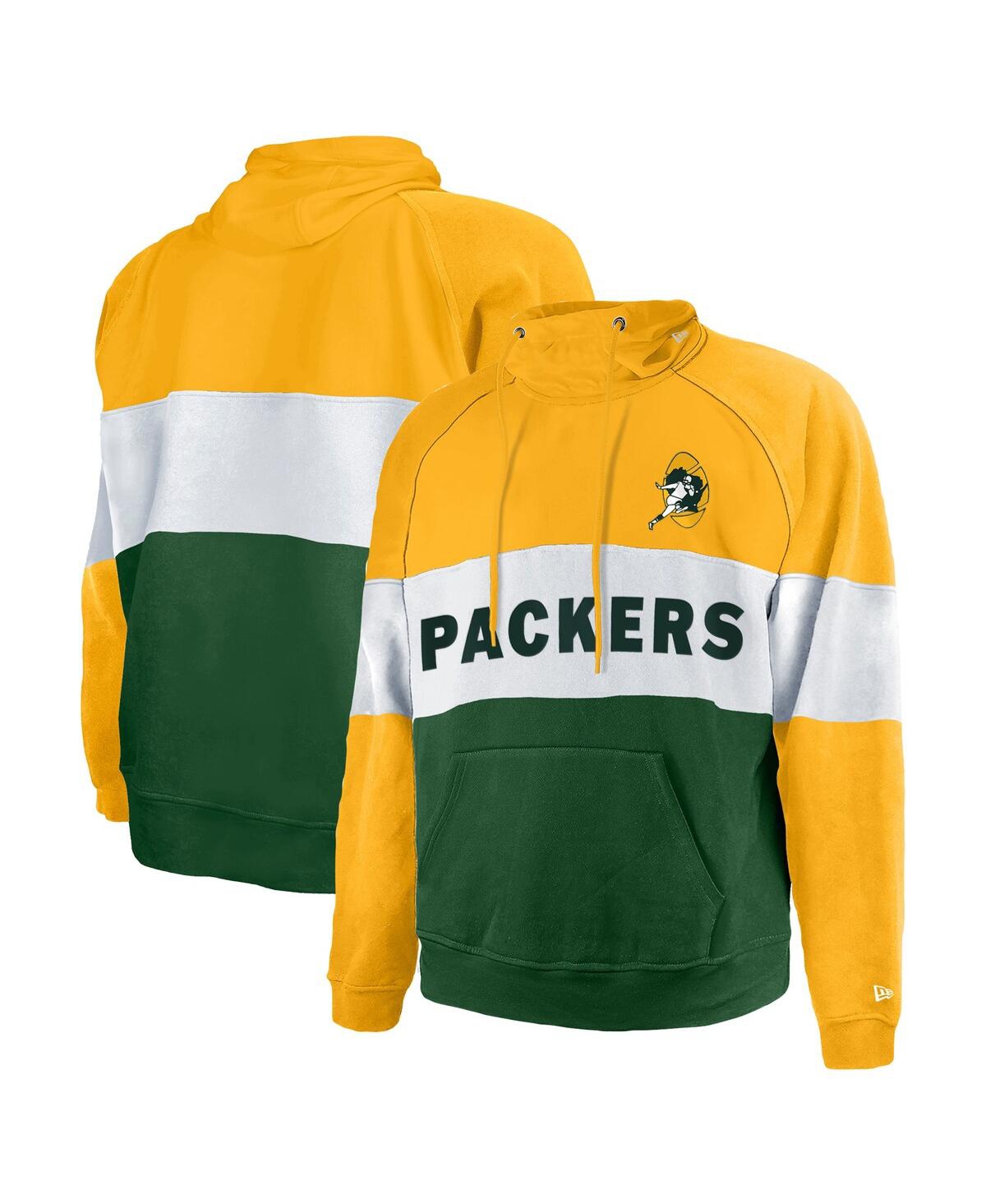 Shop New Era Men's  Green Distressed Green Bay Packers Big And Tall Throwback Colorblock Pullover Hoodie