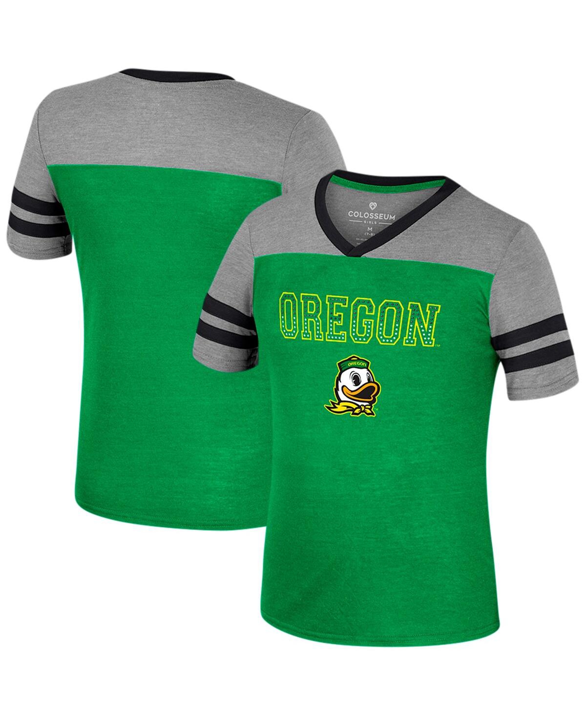Colosseum Kids' Big Girls  Green, Heather Gray Oregon Ducks Summer Striped V-neck T-shirt In Green,heather Gray