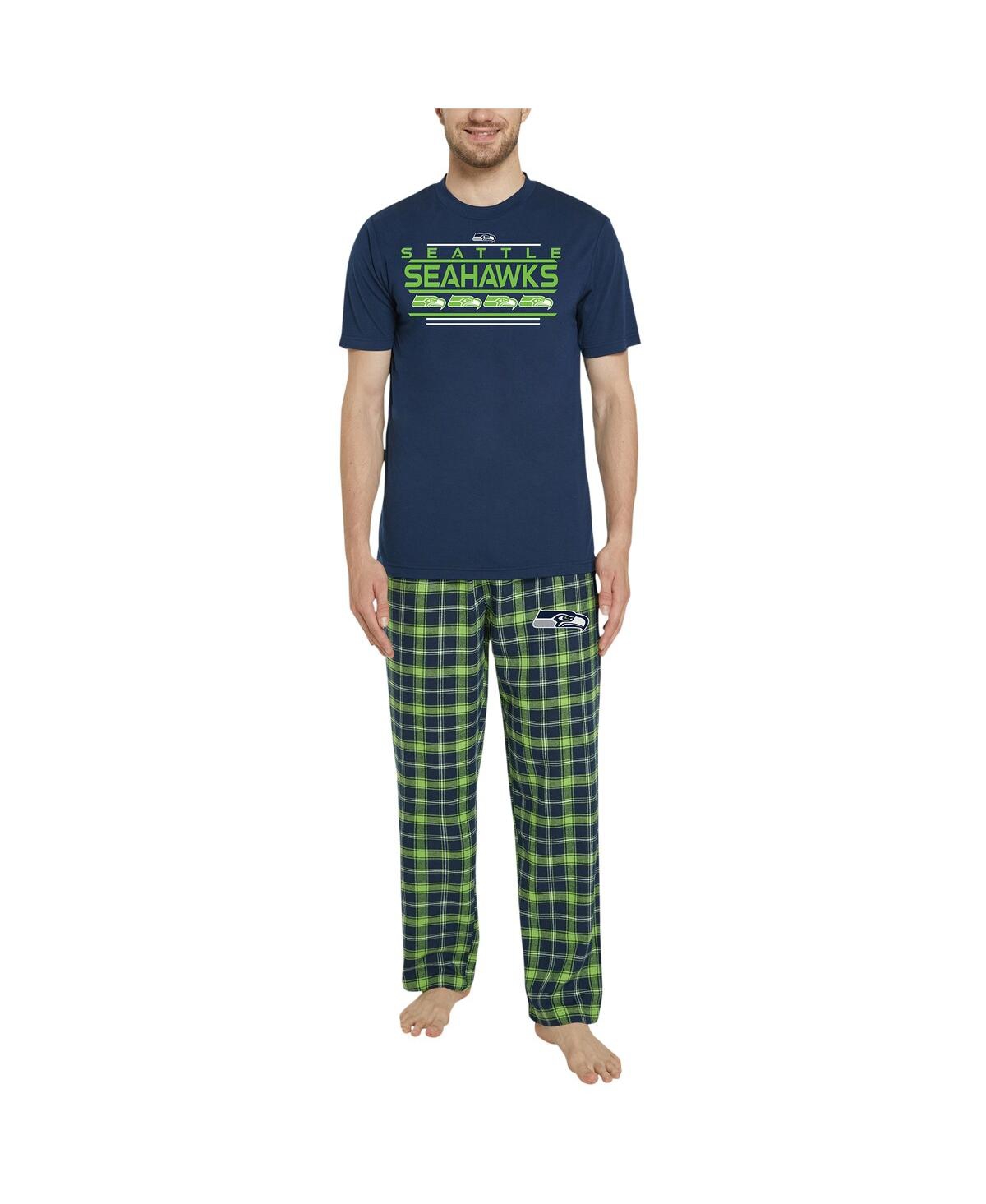Shop Concepts Sport Men's  Navy, Neon Green Seattle Seahawks Arcticâ T-shirt And Flannel Pants Sleep Set In Navy,neon Green