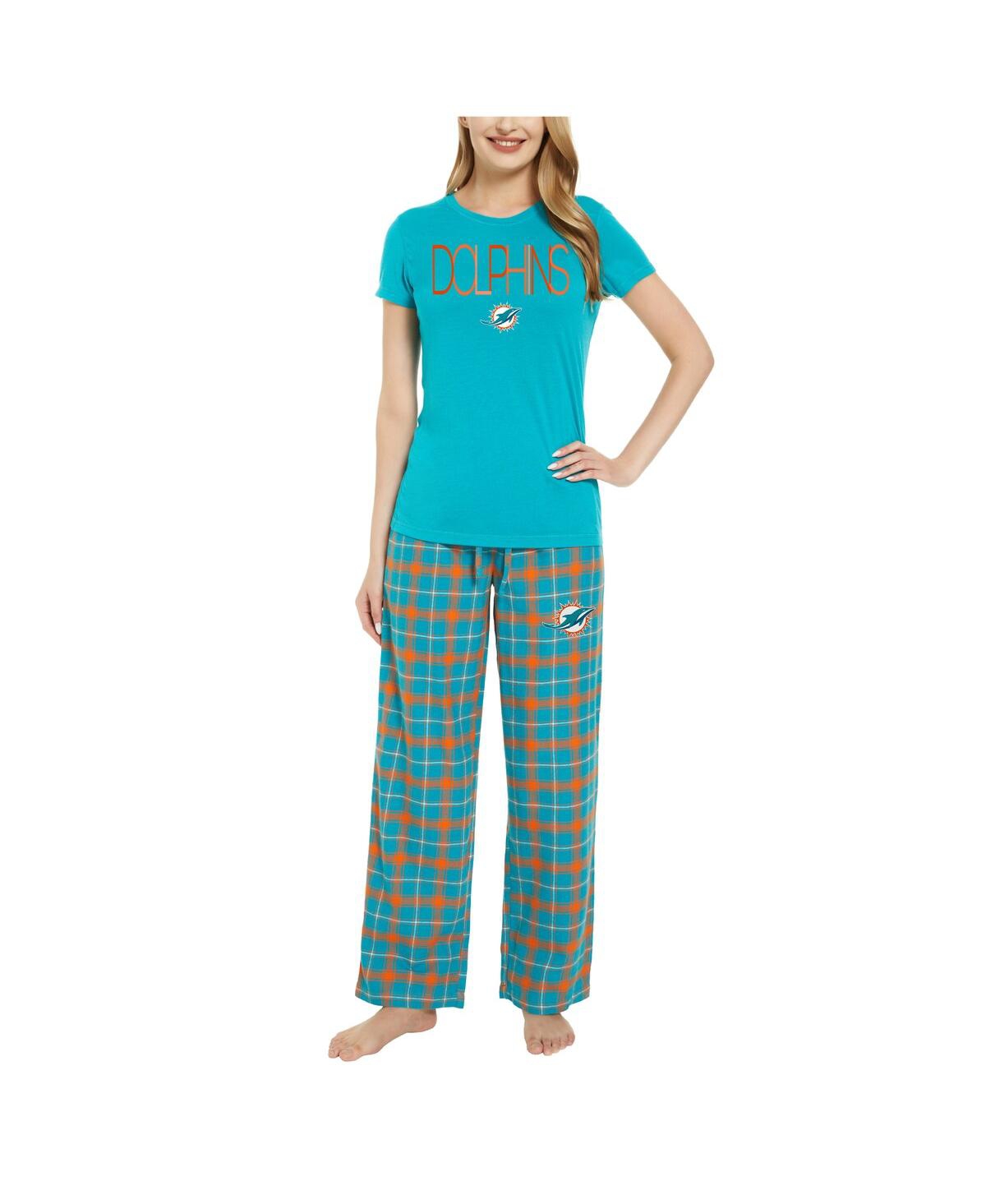 Concepts Sport Women's  Aqua, Orange Miami Dolphins Arcticâ T-shirt And Flannel Pants Sleep Set In Aqua,orange