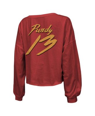 Women's Threads Brock Purdy Scarlet Distressed San Francisco 49ers Name and Number Script Off-Shoulder Cropped Long Sleeve T-shirt