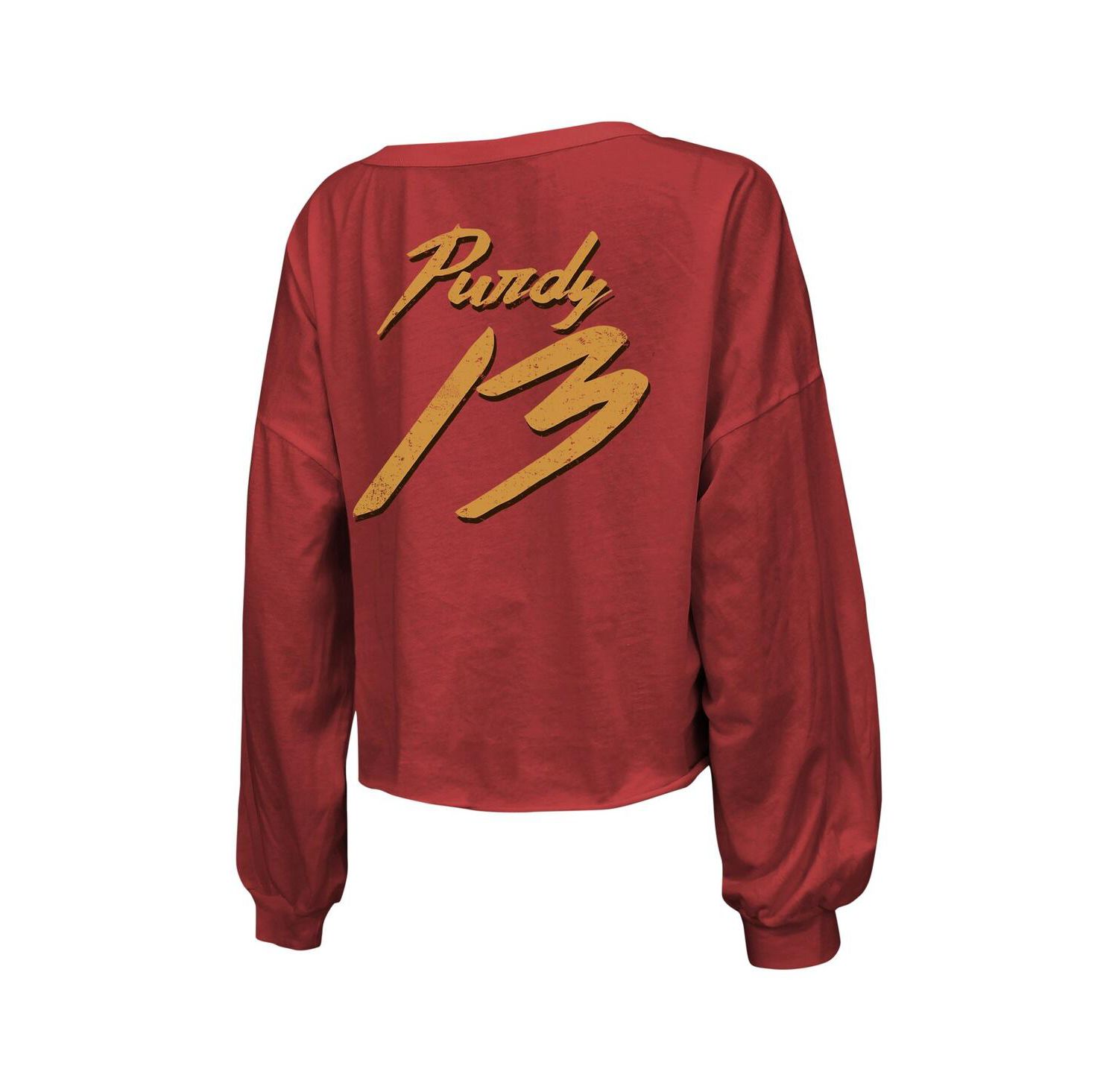 Women's Threads Brock Purdy Scarlet Distressed San Francisco 49ers Name and Number Script Off-Shoulder Cropped Long Sleeve T-shirt