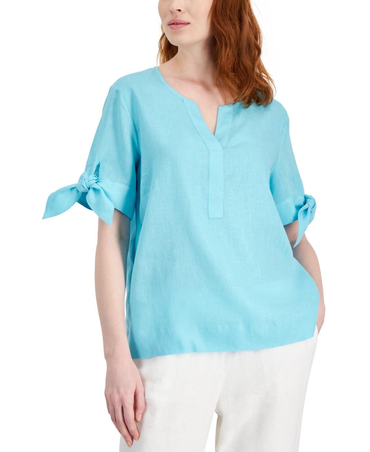 Women's 100% Linen Split-Neck Tie-Cuff Top, Created for Macy's - Blue Ocean