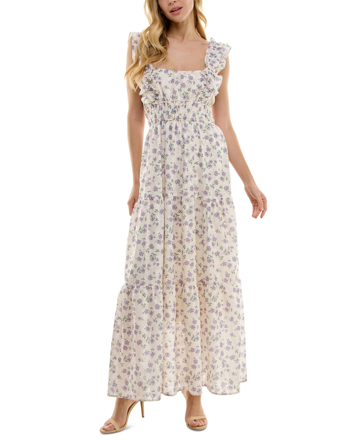 Juniors' Floral-Embroidery Tiered Maxi Dress - Cream/Purple