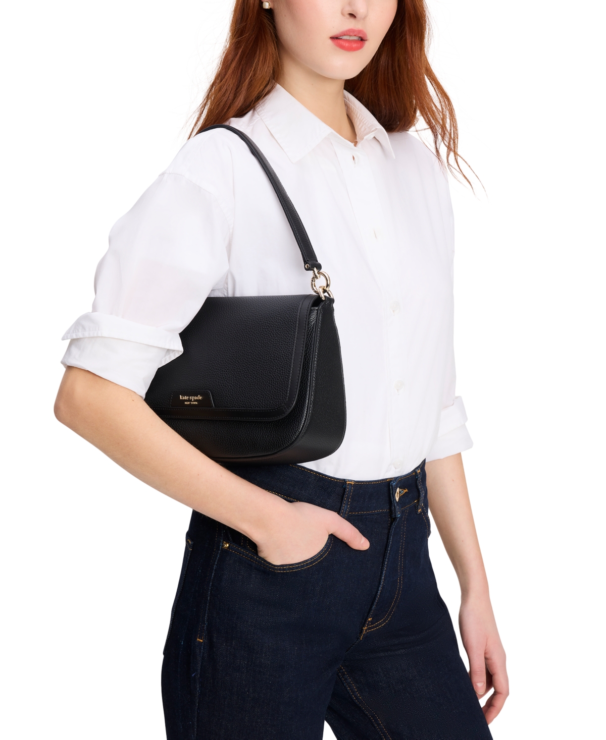 Shop Kate Spade Hudson Pebbled Leather Flap Small Shoulder Bag In Black