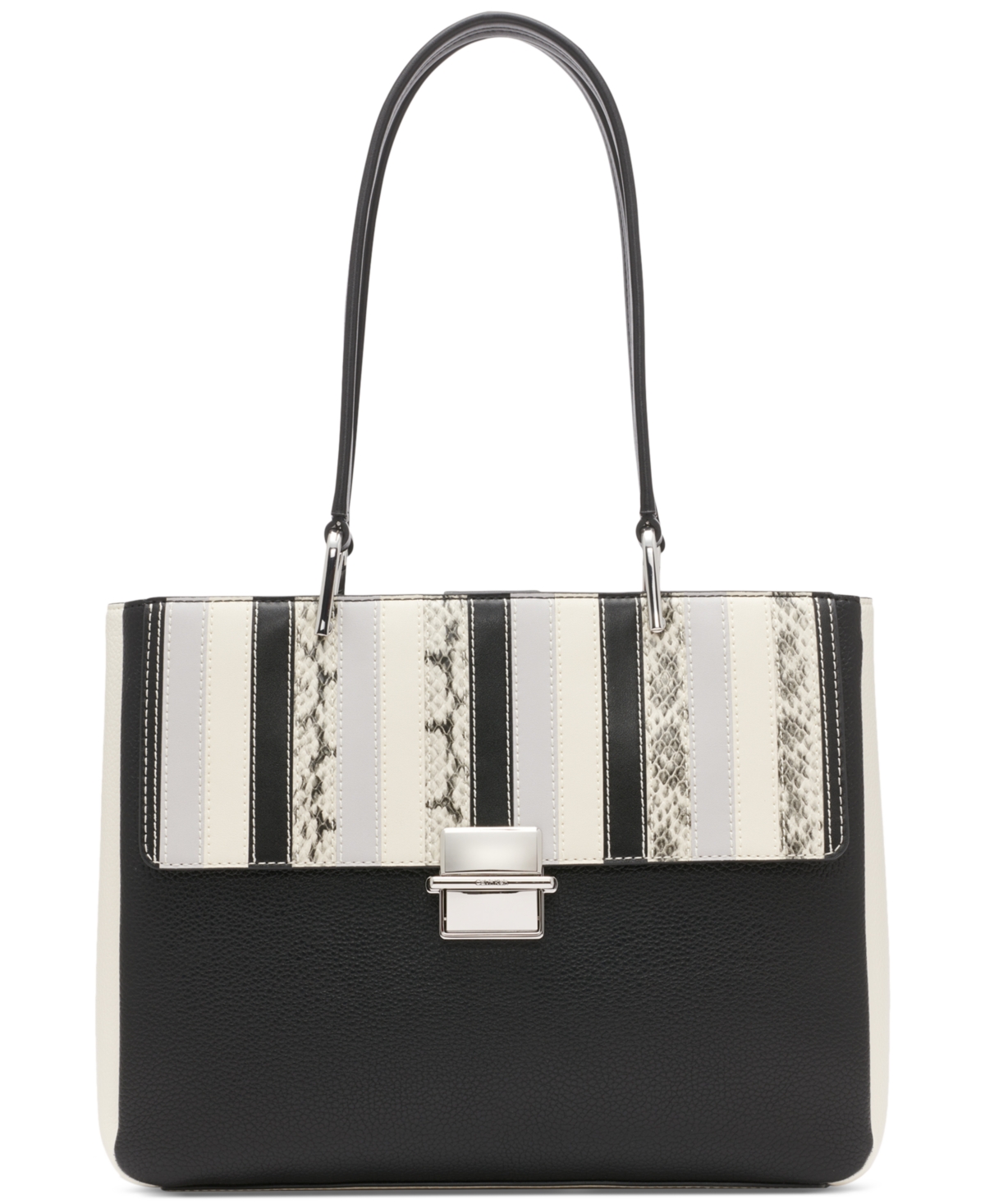 Clove Mixed Material Push-Lock Triple Compartment Tote Bag - Black/White Snake