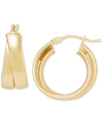 Italian Gold - Polished Crossover Double Small Hoop Earrings in 14k Gold, 20mm
