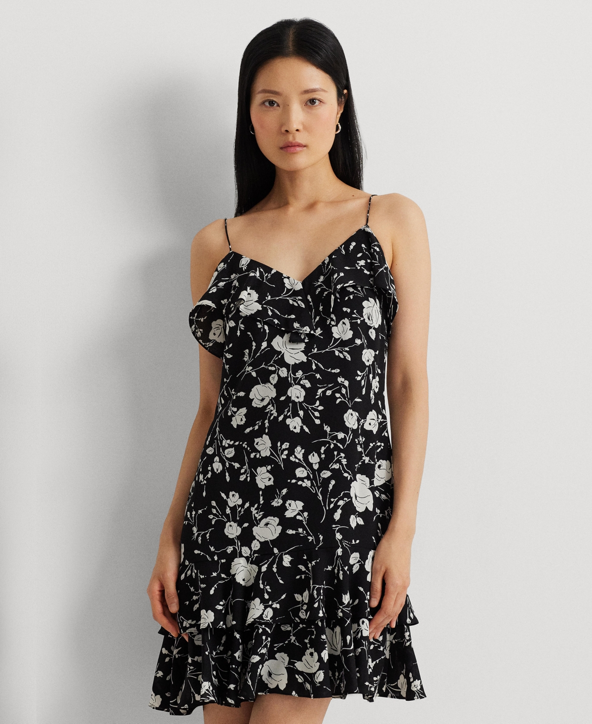 Shop Lauren Ralph Lauren Women's Ruffled Sleeveless Sheath Dress In Black,cream