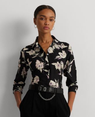 로렌 랄프로렌 Lauren Ralph Lauren Womens Long-Sleeve Floral Shirt,Black Multi