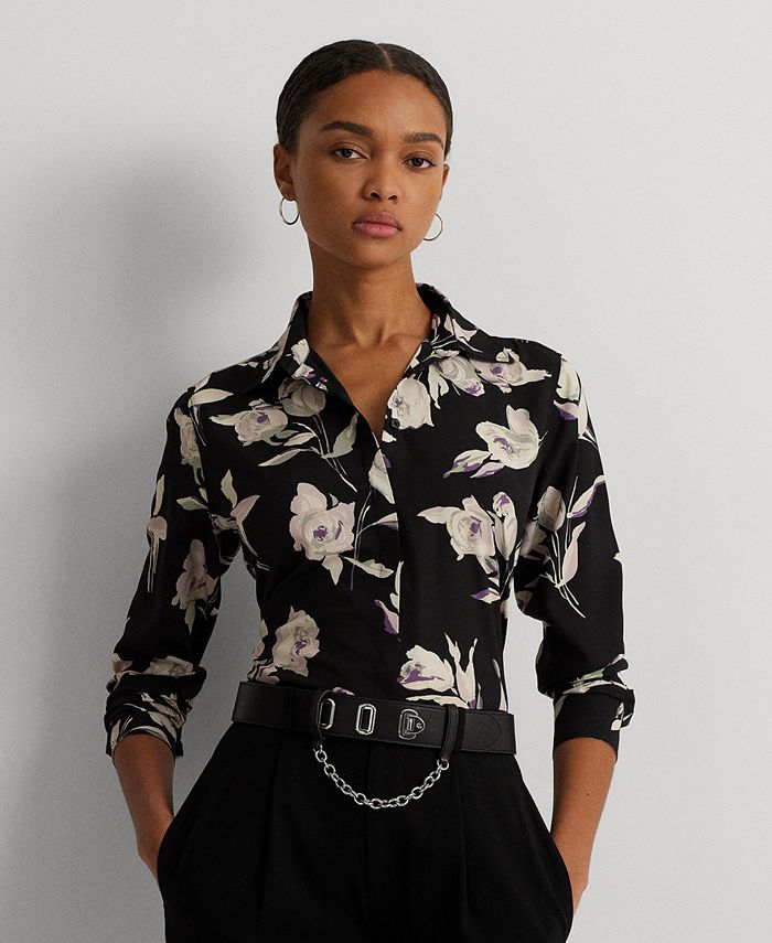 Lauren Ralph Lauren Womens Long-Sleeve Floral Shirt - Black Multi