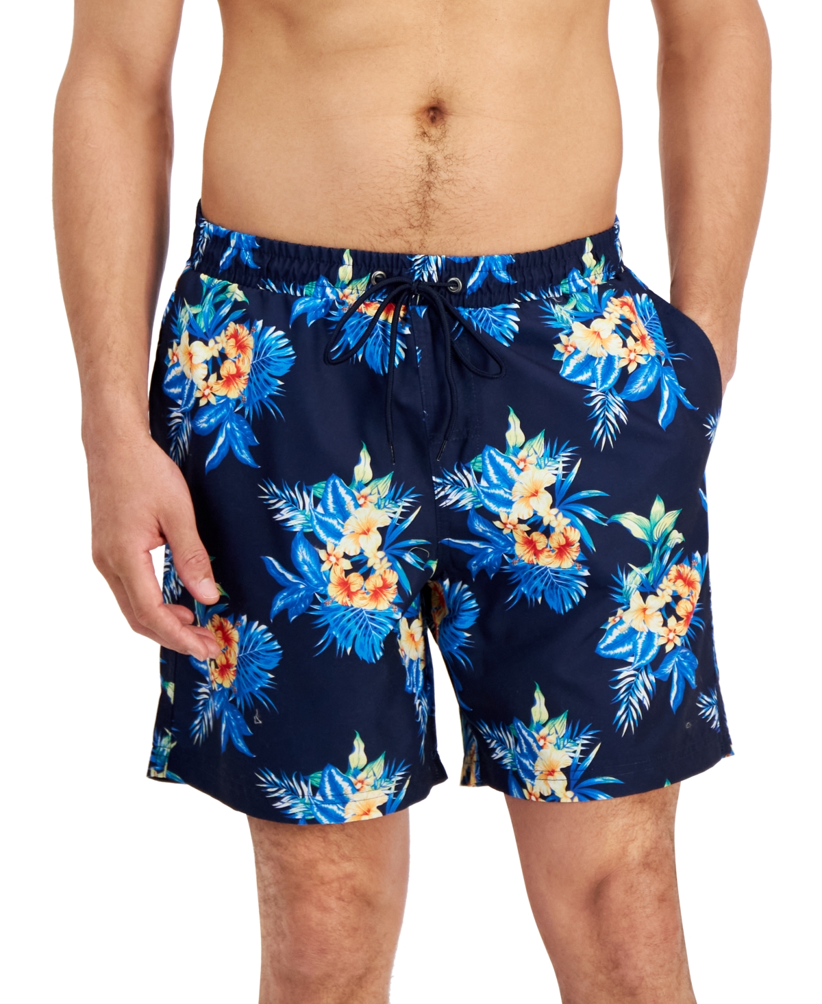 Club Room Men's Afelo Floral-print Quick-dry 7" Swim Trunks, Created For Macy's In Navy Blue