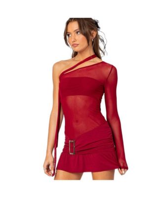 Women's One shoulder sheer mesh mini dress