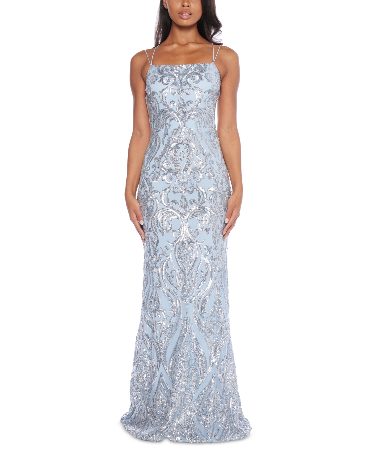 Juniors' Sequined Open-Back Gown - Light Blue, Silver
