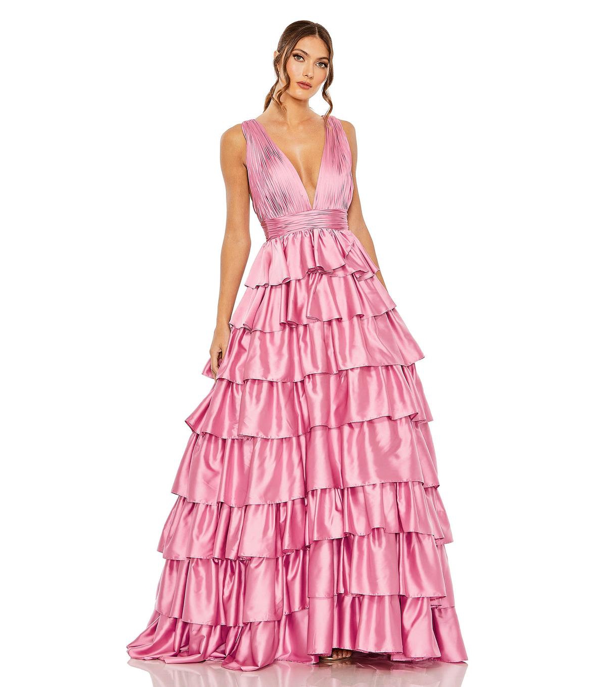 MAC DUGGAL WOMEN'S RUFFLE TIERED PLEATED SLEEVELESS V NECK GOWN