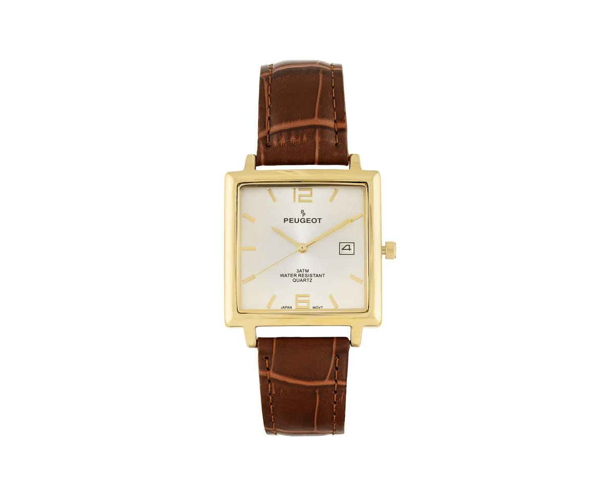Men's 35mm 14K Gold Plated Square Watch with Brown leather Strap - Brown