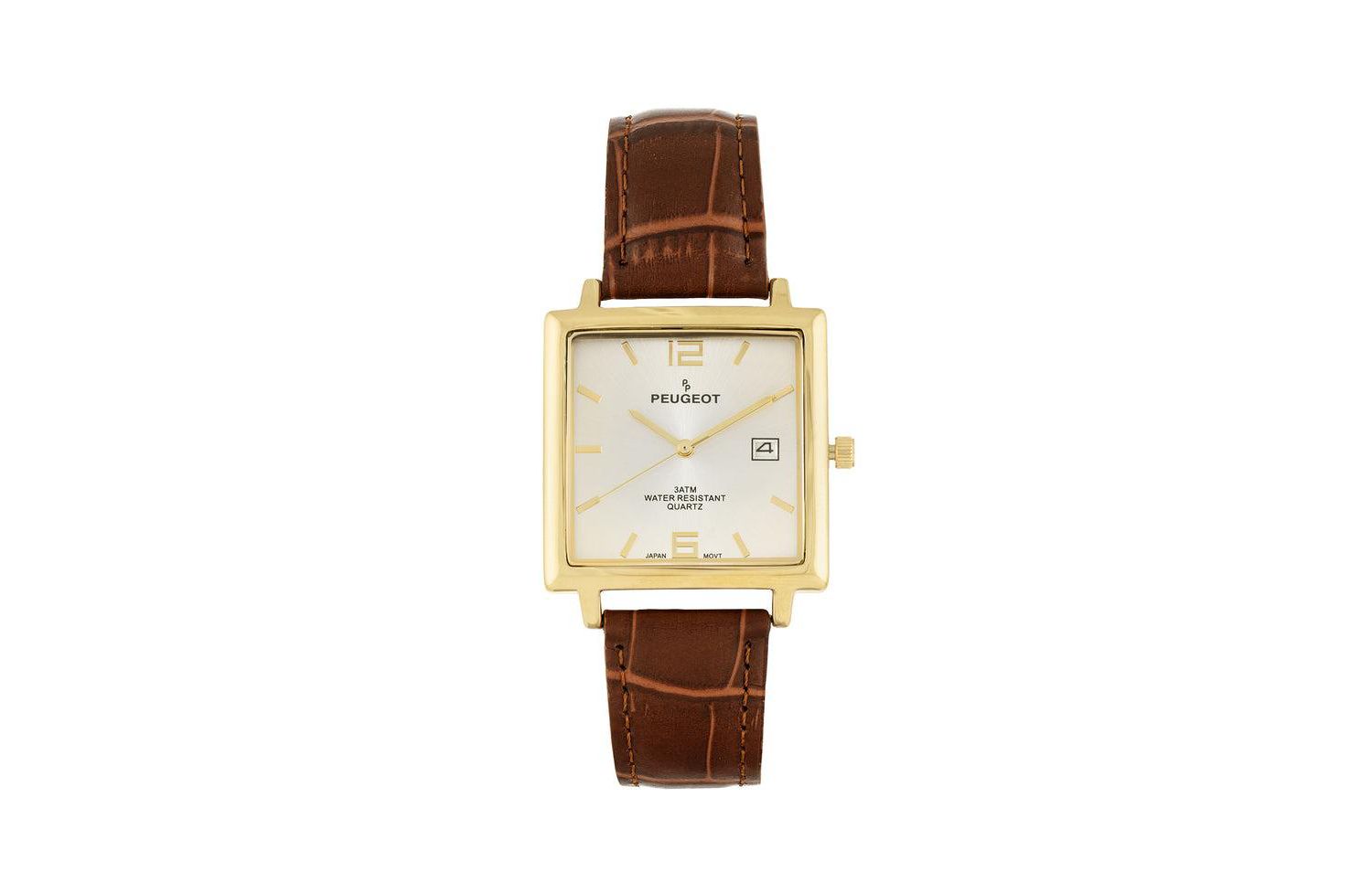 Men's 35mm 14K Gold Plated Square Watch with Brown leather Strap