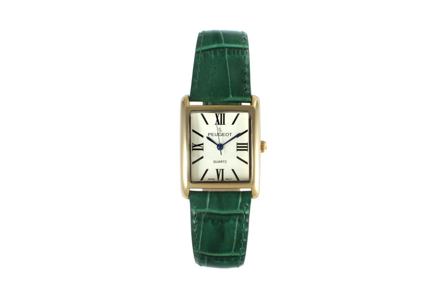 Женские часы Peugeot Tank Watch Roman Dial Green Leather Strap, цвет: Зелёный — фото 1