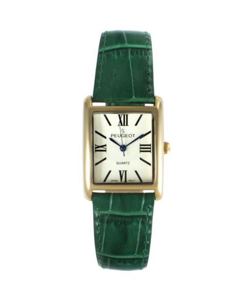 Женские часы Peugeot Tank Watch Roman Dial Green Leather Strap, цвет: Зелёный