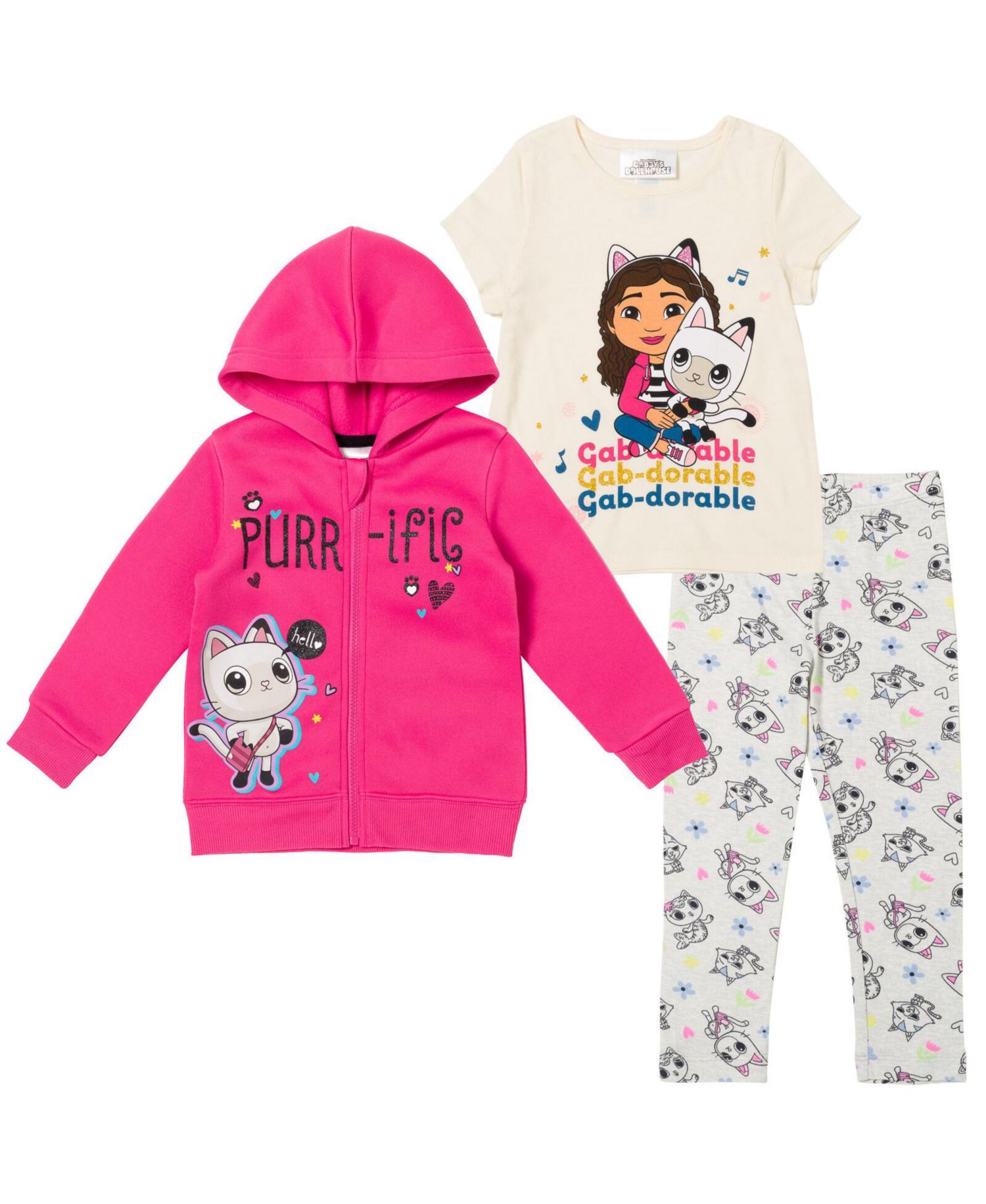 Little Girls Dreamworks Gabbys Dollhouse Pandy Paws Zip Up Fleece Hoodie Graphic T-Shirt and Leggings 3 Piece Outfit Set Toddler|Child